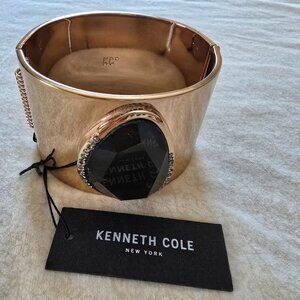 NWT Kenneth Cole New York Gold Toned Hinged Cuff Bracelet, Faceted Smokey Stone